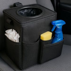 Foldable Car Trash Can with Storage Pockets for Waste and Cleaning Supplies